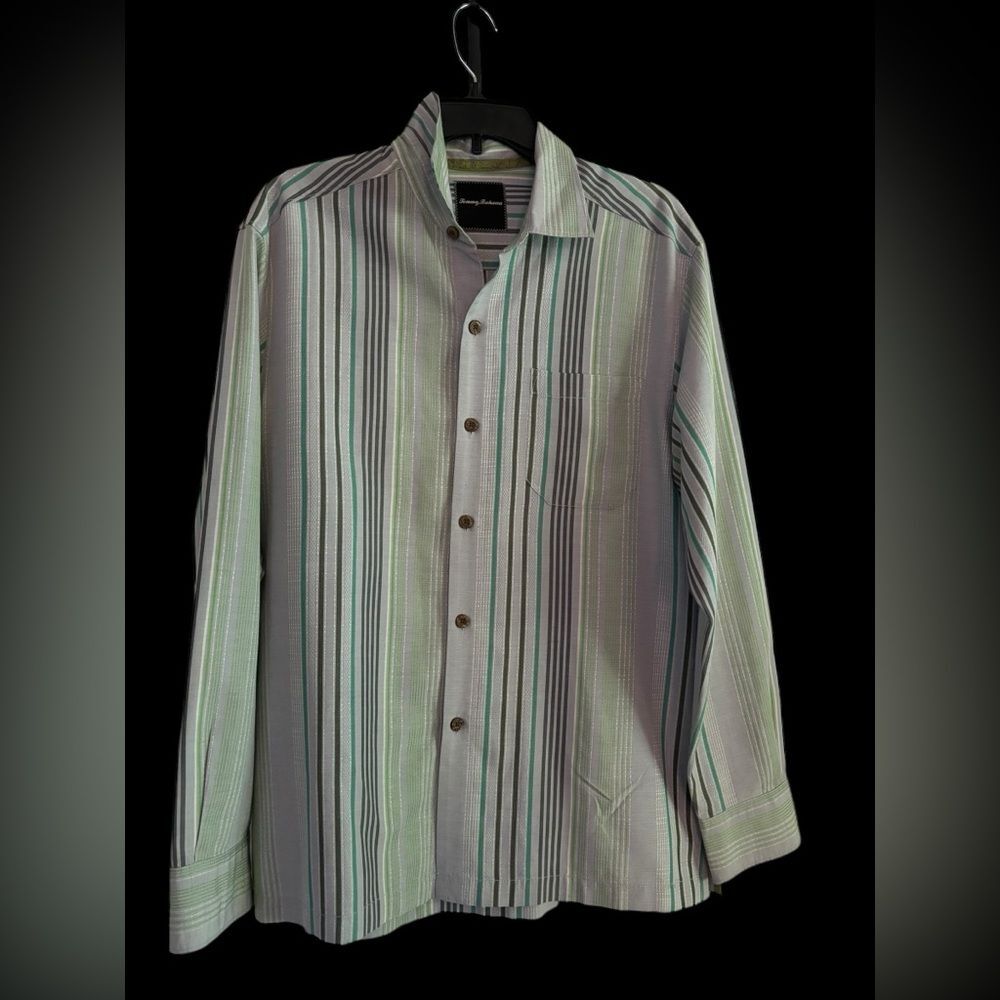 Men's Gray/Green Striped Collar Dress Shirt by Tommy Bahama -size Medium